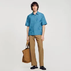 Chemises*SANDRO Chemise Oversize Jacquard Fleurs Bleu