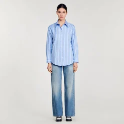Tops & Chemises*SANDRO Chemise Rayée à Dos Ouvert En Dentelle Bleu / Blanc