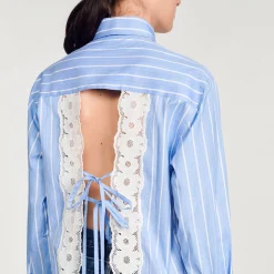 Tops & Chemises*SANDRO Chemise Rayée à Dos Ouvert En Dentelle Bleu / Blanc