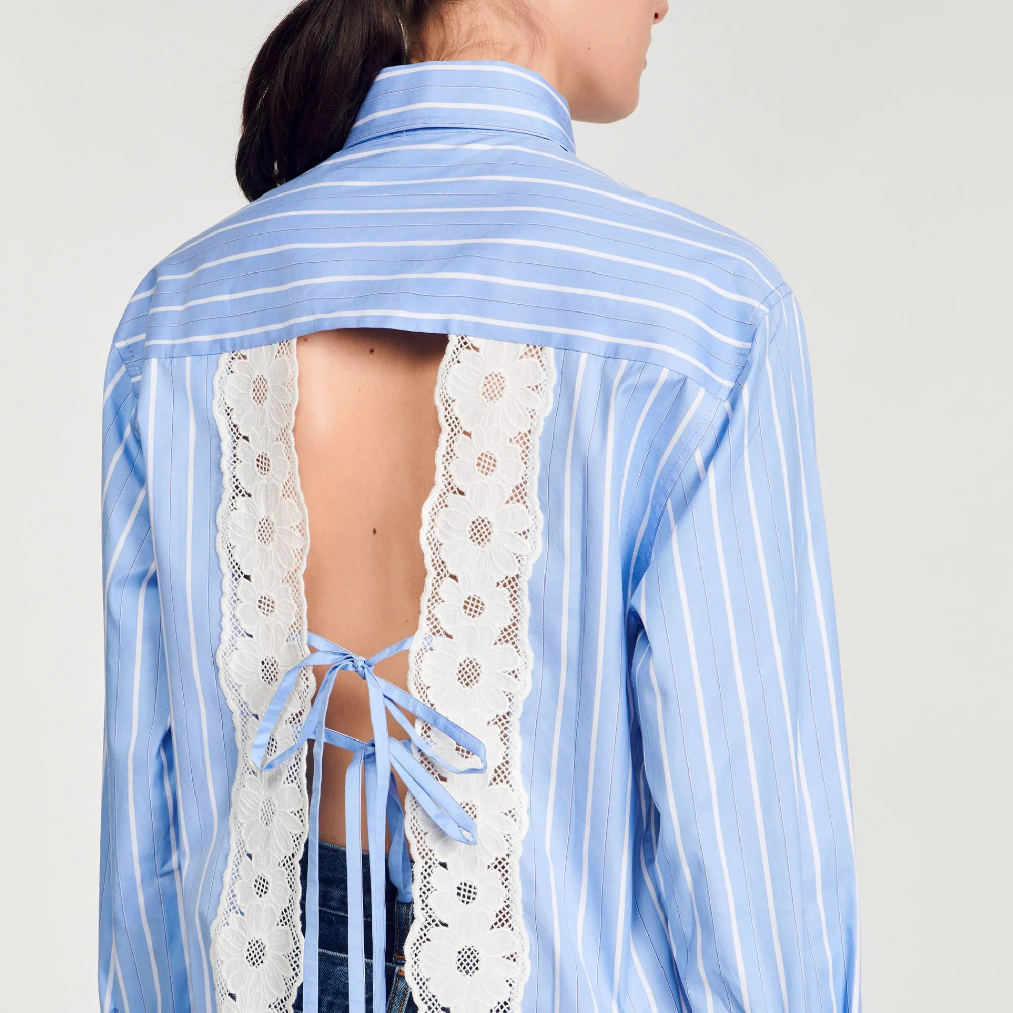 Tops & Chemises*SANDRO Chemise Rayée à Dos Ouvert En Dentelle Bleu / Blanc