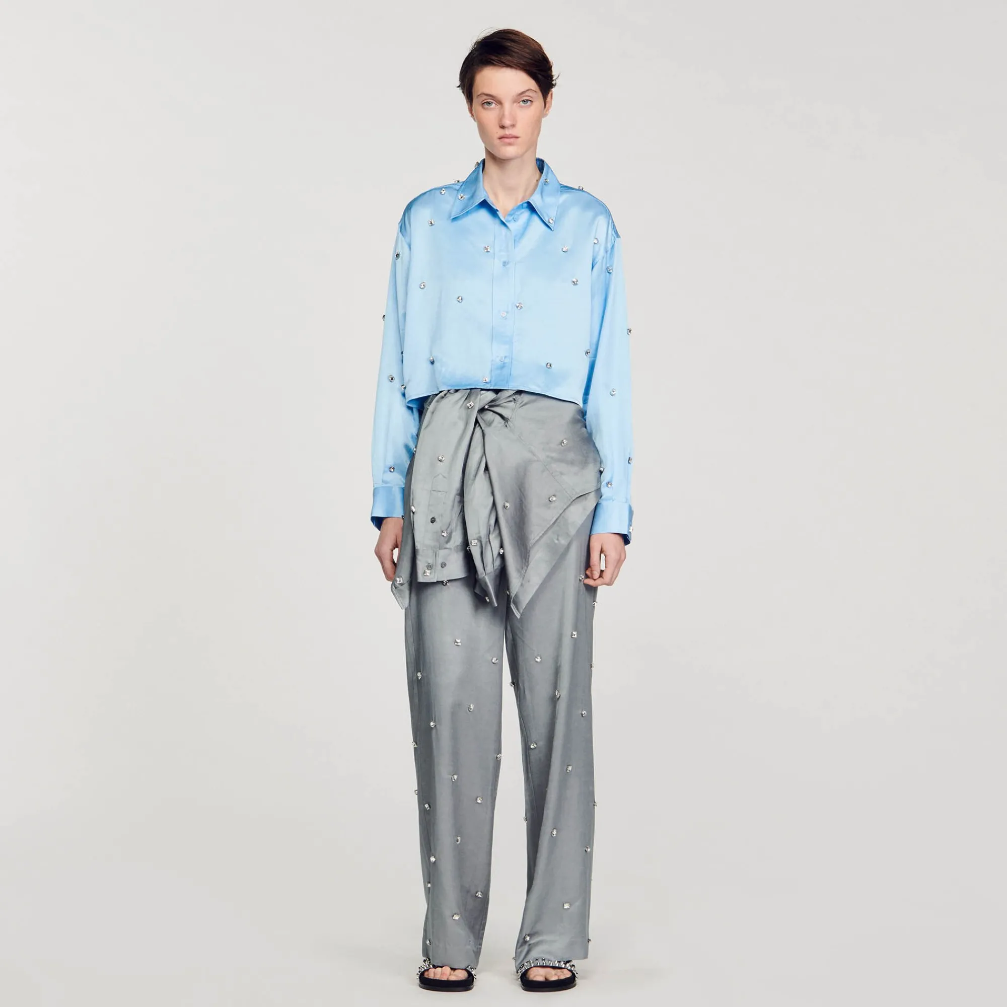 Ensembles|Tops & Chemises*SANDRO Chemise Satinée Ornée De Strass Bleu Ciel