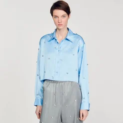 Ensembles|Tops & Chemises*SANDRO Chemise Satinée Ornée De Strass Bleu Ciel