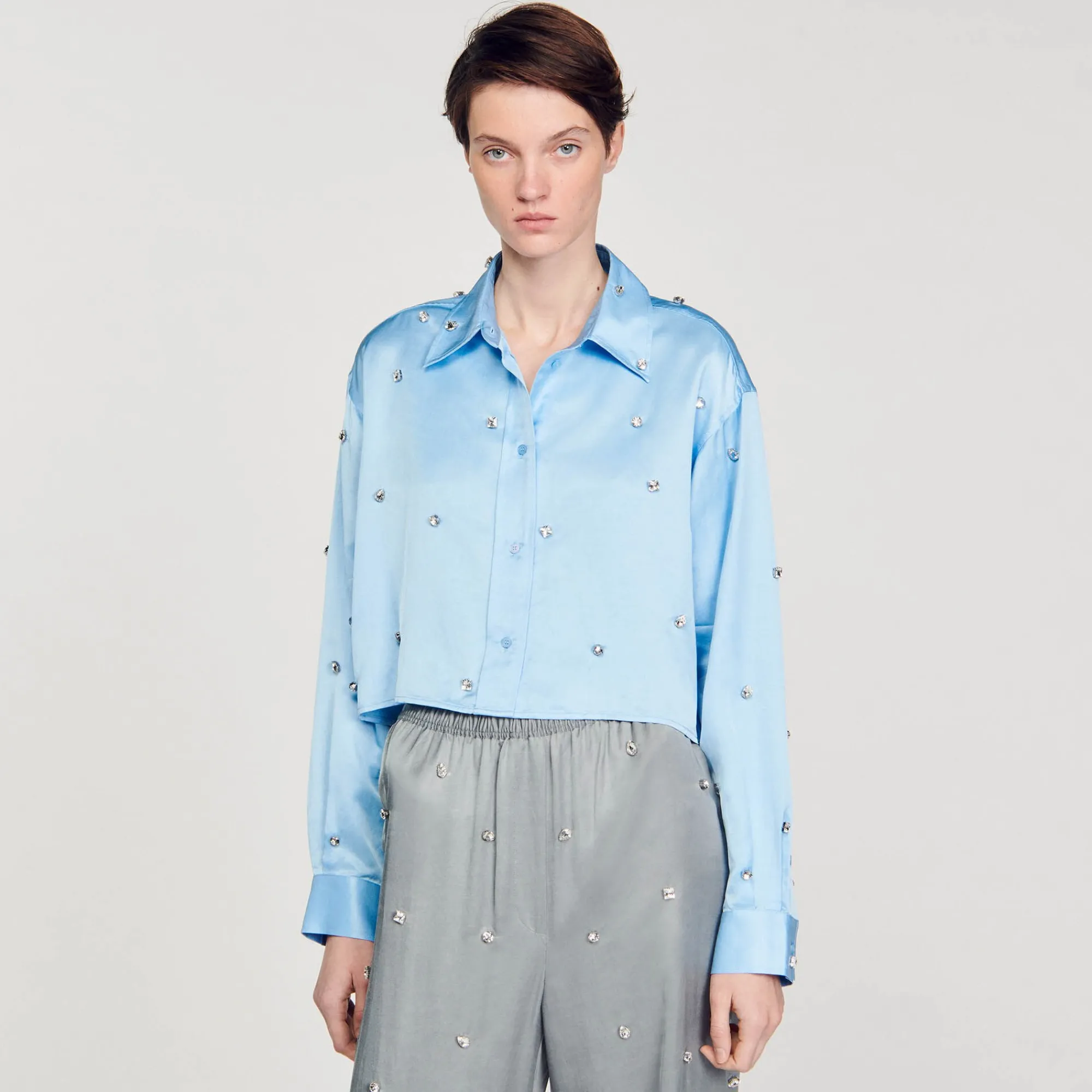 Ensembles|Tops & Chemises*SANDRO Chemise Satinée Ornée De Strass Bleu Ciel