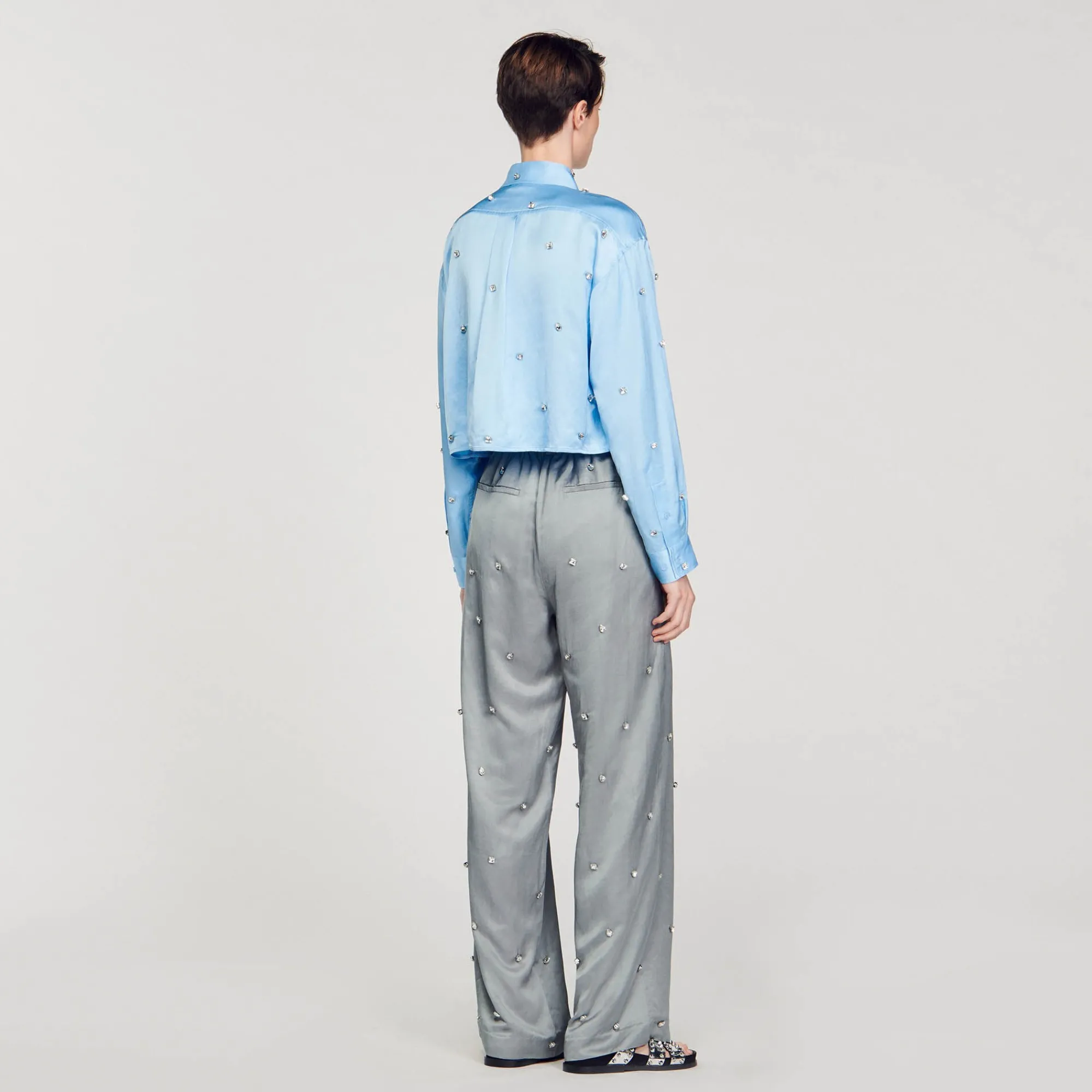 Ensembles|Tops & Chemises*SANDRO Chemise Satinée Ornée De Strass Bleu Ciel
