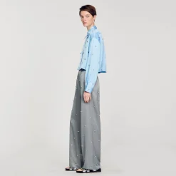 Ensembles|Tops & Chemises*SANDRO Chemise Satinée Ornée De Strass Bleu Ciel