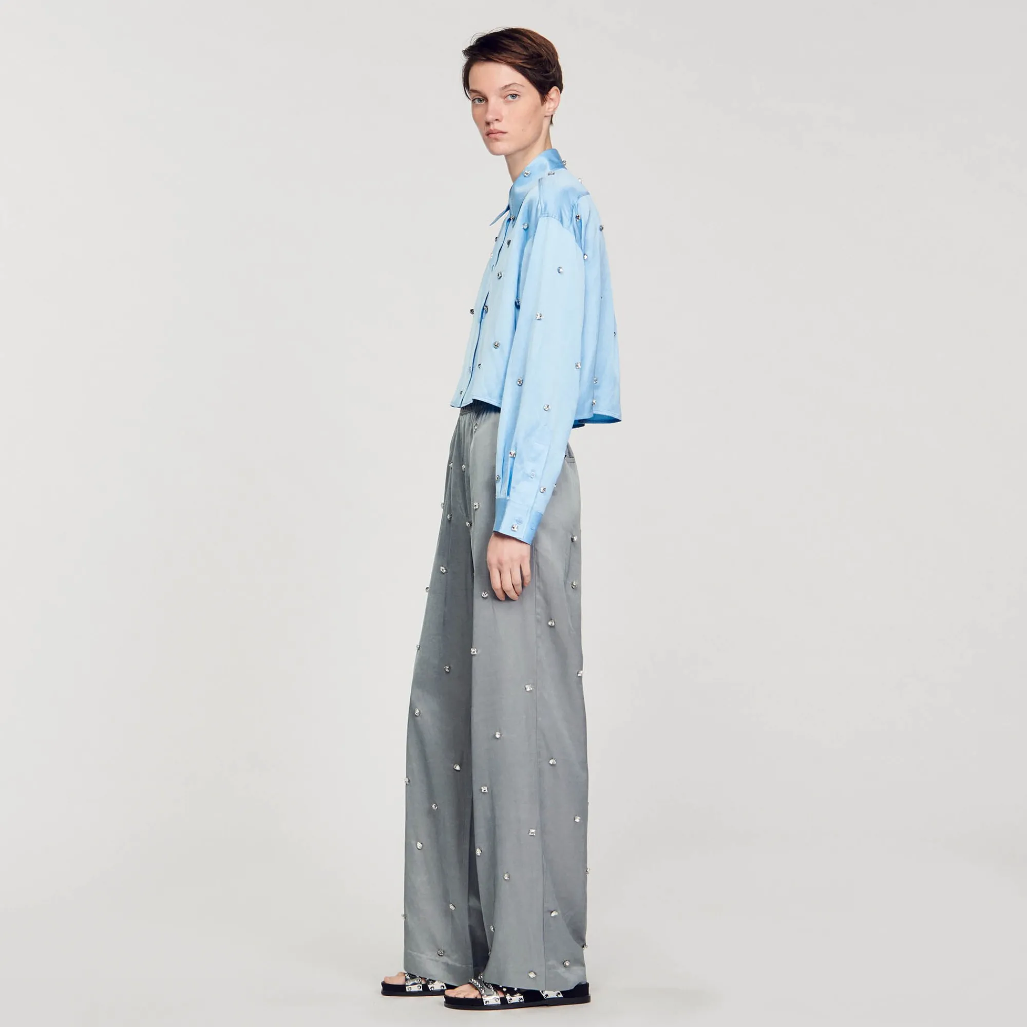 Ensembles|Tops & Chemises*SANDRO Chemise Satinée Ornée De Strass Bleu Ciel