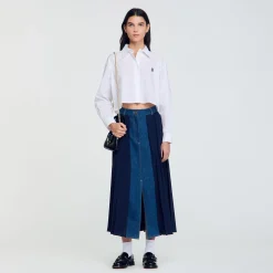 Jupes & Shorts*SANDRO Jupe Bimatière Denim Et Plissée Marine