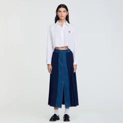 Jupes & Shorts*SANDRO Jupe Bimatière Denim Et Plissée Marine