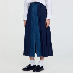 Jupes & Shorts*SANDRO Jupe Bimatière Denim Et Plissée Marine