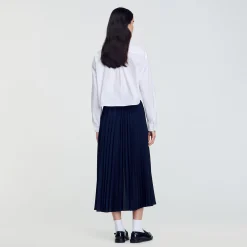 Jupes & Shorts*SANDRO Jupe Bimatière Denim Et Plissée Marine