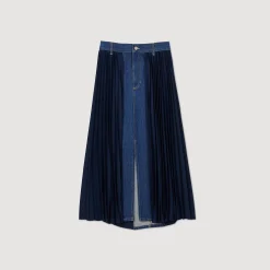 Jupes & Shorts*SANDRO Jupe Bimatière Denim Et Plissée Marine
