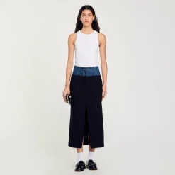 Jupes & Shorts*SANDRO Jupe Bimatière Denim Et Tweed Noir