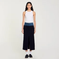 Jupes & Shorts*SANDRO Jupe Bimatière Denim Et Tweed Noir