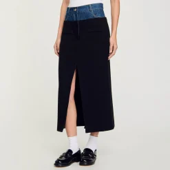 Jupes & Shorts*SANDRO Jupe Bimatière Denim Et Tweed Noir