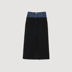 Jupes & Shorts*SANDRO Jupe Bimatière Denim Et Tweed Noir