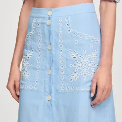 Jupes & Shorts*SANDRO Jupe Longue Brodée Bleu Ciel