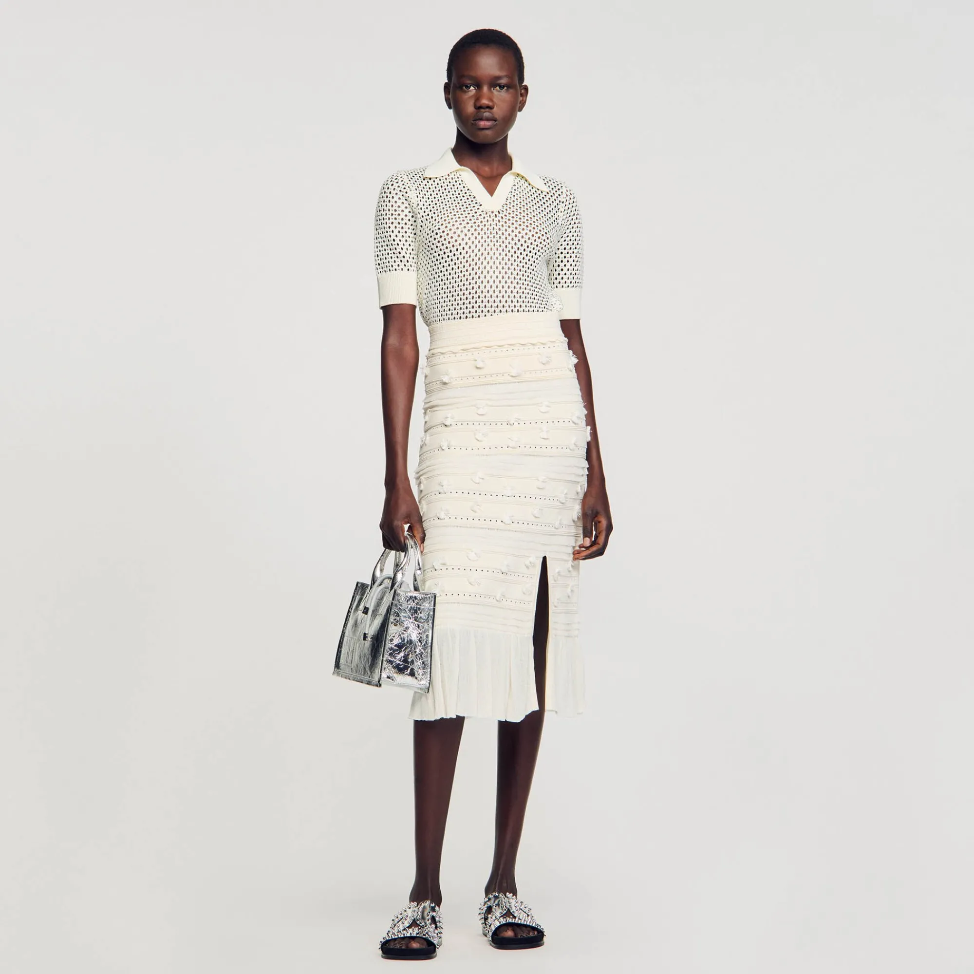 Ensembles|Jupes & Shorts*SANDRO Jupe Midi En Maille Ajourée Ecru