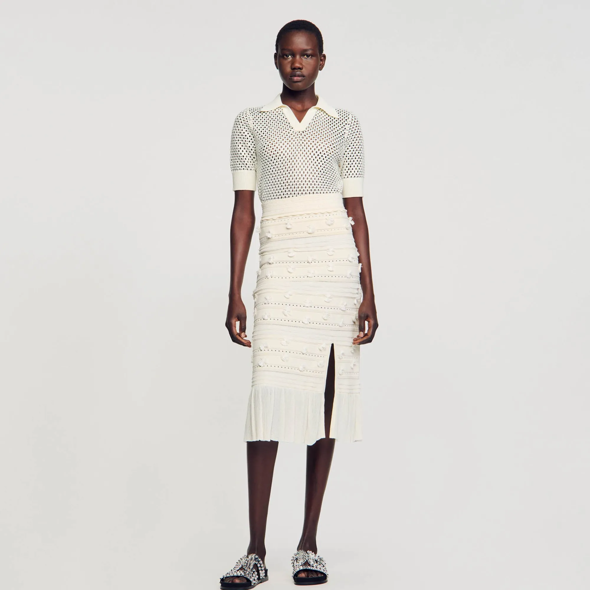 Ensembles|Jupes & Shorts*SANDRO Jupe Midi En Maille Ajourée Ecru