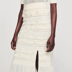 Ensembles|Jupes & Shorts*SANDRO Jupe Midi En Maille Ajourée Ecru