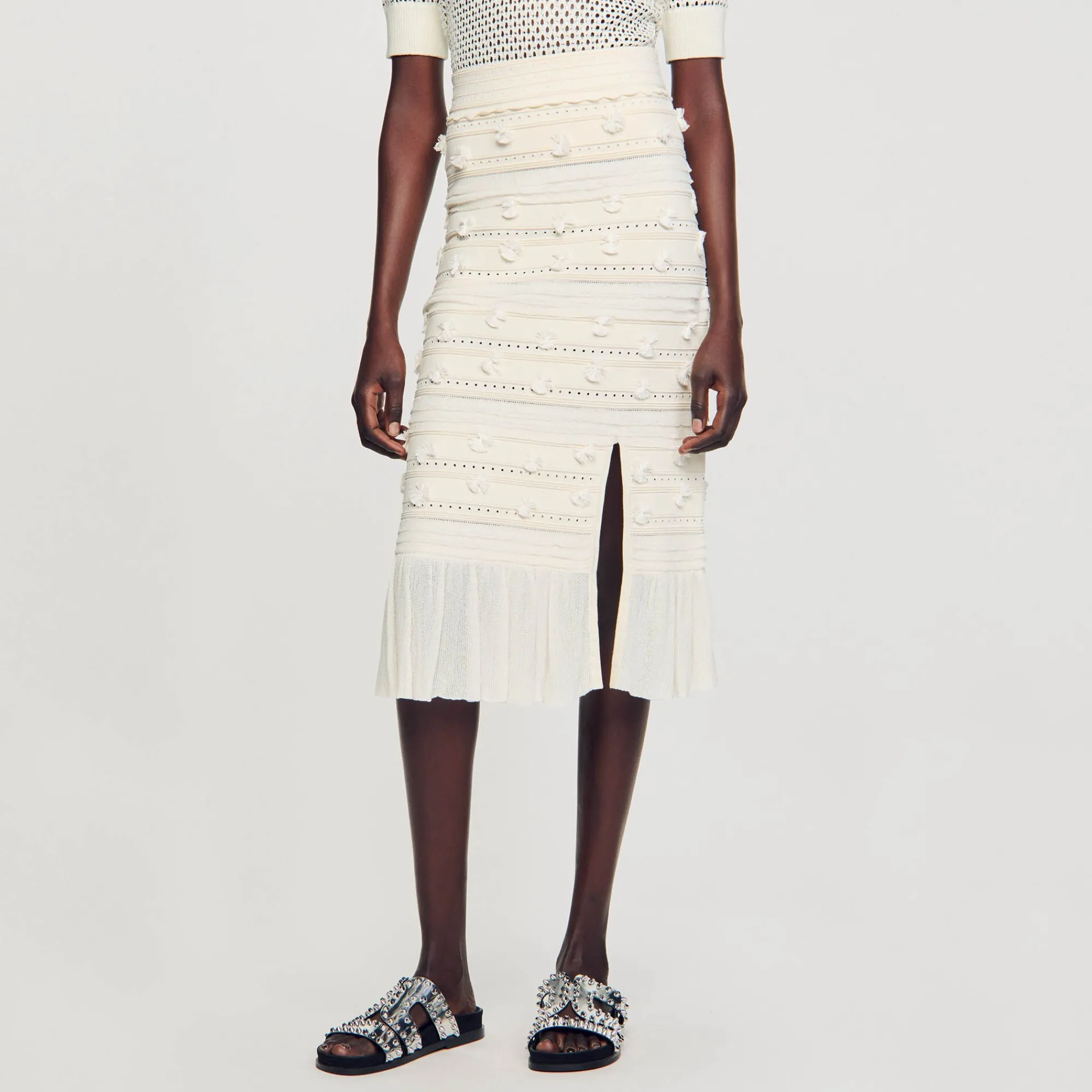 Ensembles|Jupes & Shorts*SANDRO Jupe Midi En Maille Ajourée Ecru