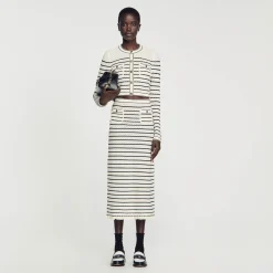 Ensembles|Jupes & Shorts*SANDRO Jupe Midi En Maille Rayée Blanc / Noir