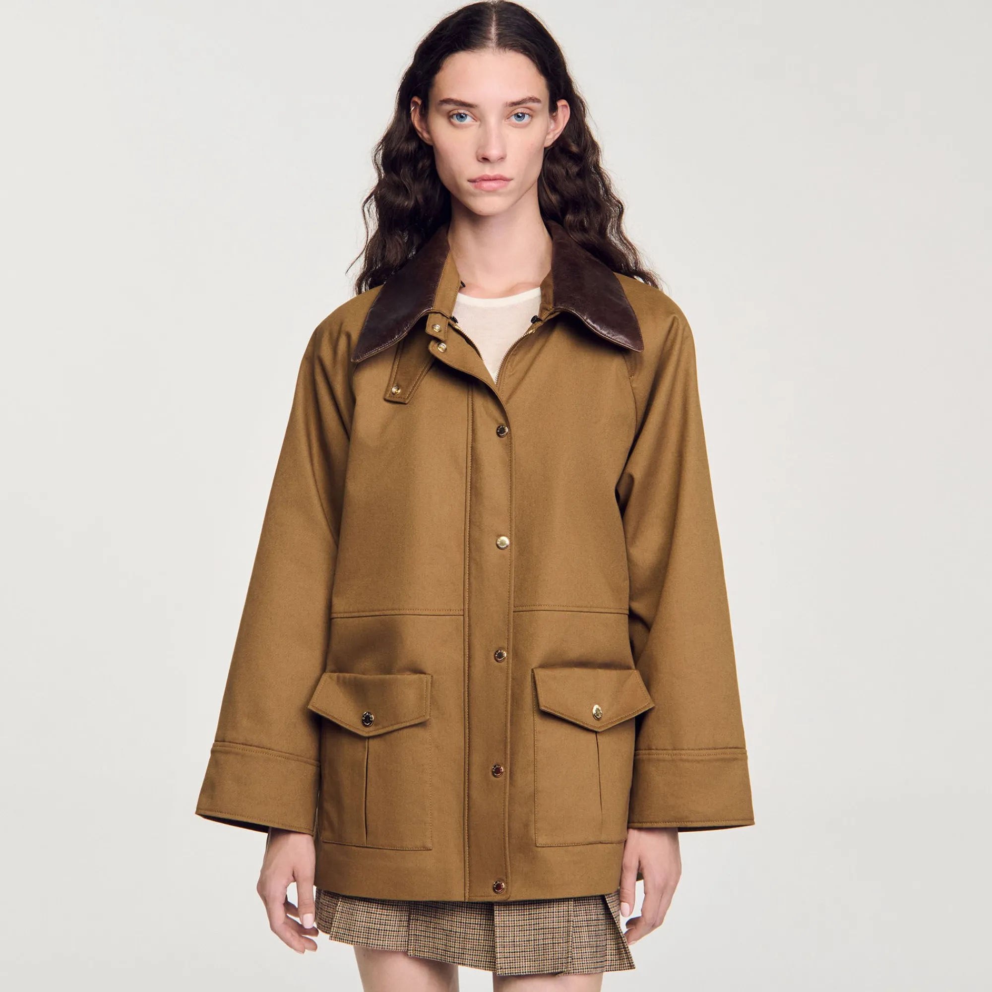 Manteaux*SANDRO Manteau Col En Cuir Glaise