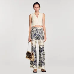 Ensembles|Pantalons & Jeans*SANDRO Pantalon Fluide Imprimé Beige / Marine