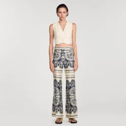 Ensembles|Pantalons & Jeans*SANDRO Pantalon Fluide Imprimé Beige / Marine