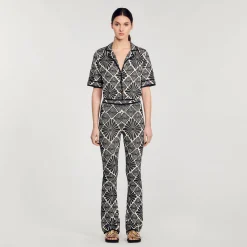 Ensembles|Pantalons & Jeans*SANDRO Pantalon Jacquard Fleur Ecru / Noir