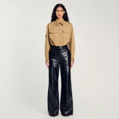 Pantalons & Jeans*SANDRO Pantalon évasé En Cuir Noir
