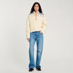 Pulls & Cardigans*SANDRO Pull à Col Vareuse Rayé Ecru