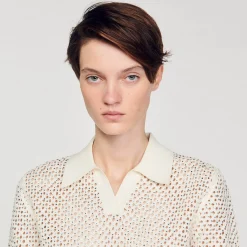 Pulls & Cardigans*SANDRO Pull Col Polo En Maille Ecru