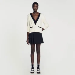 Pulls & Cardigans*SANDRO Pull Col V Bicolore En Laine Ecru