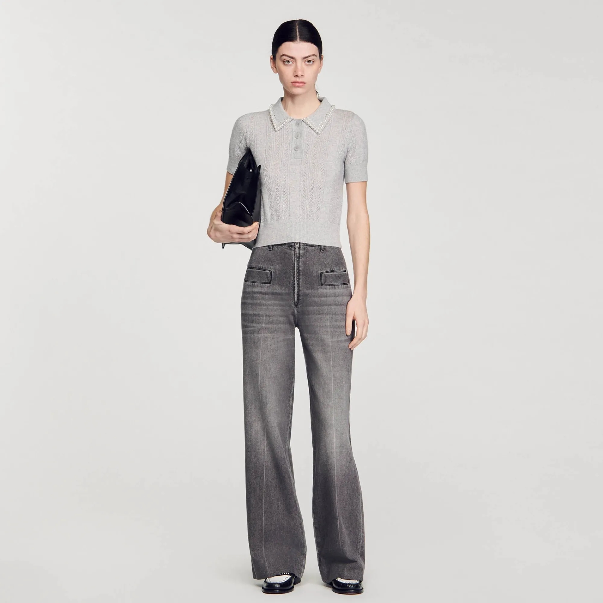 Pulls & Cardigans*SANDRO Pull Court Col Polo Gris Clair