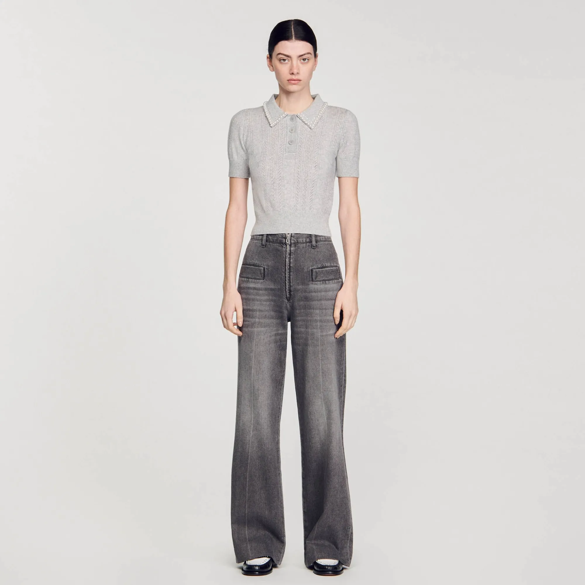 Pulls & Cardigans*SANDRO Pull Court Col Polo Gris Clair