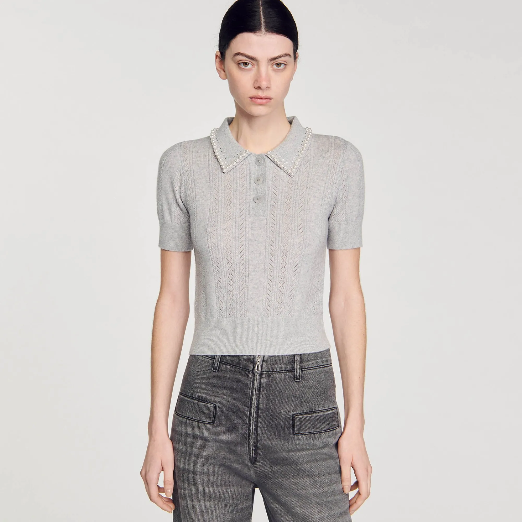 Pulls & Cardigans*SANDRO Pull Court Col Polo Gris Clair