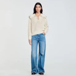 Pulls & Cardigans*SANDRO Pull En Laine à Col Vareuse Ecru