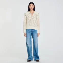 Pulls & Cardigans*SANDRO Pull En Laine à Col Vareuse Ecru