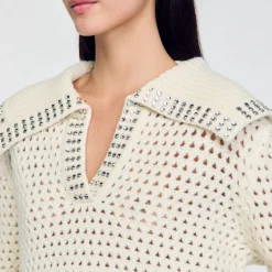 Pulls & Cardigans*SANDRO Pull En Laine à Col Vareuse Ecru