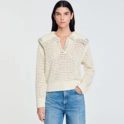 Pulls & Cardigans*SANDRO Pull En Laine à Col Vareuse Ecru