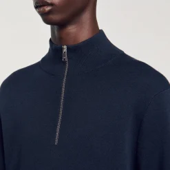 Pulls & Gilets*SANDRO Pull En Laine à Col Zippé Bleu Prusse