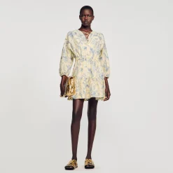 Robes*SANDRO Robe à Imprimé Fleuri Ecru / Bleu