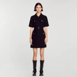 Robes*SANDRO Robe à Manches Courtes Bi Matières Noir