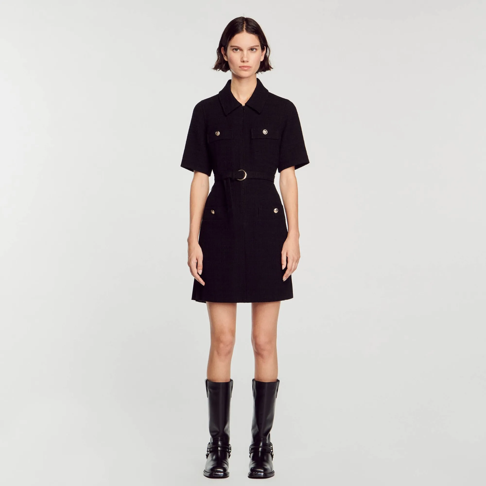 Robes*SANDRO Robe à Manches Courtes Bi Matières Noir