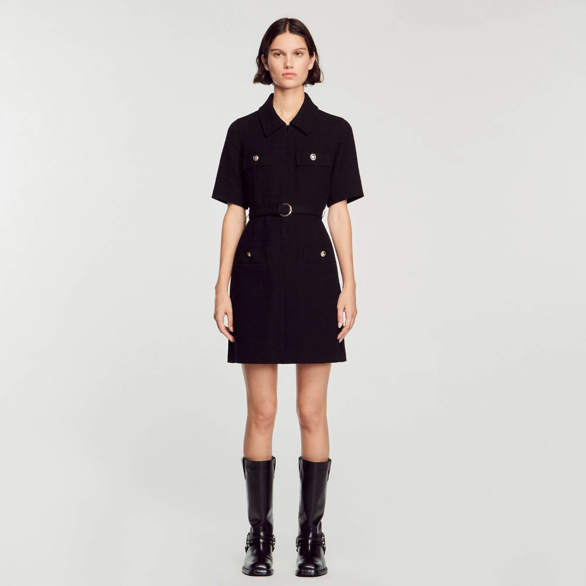 Robes*SANDRO Robe à Manches Courtes Bi Matières Noir