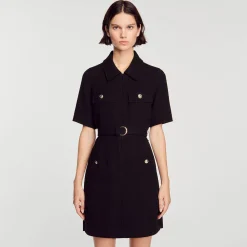 Robes*SANDRO Robe à Manches Courtes Bi Matières Noir