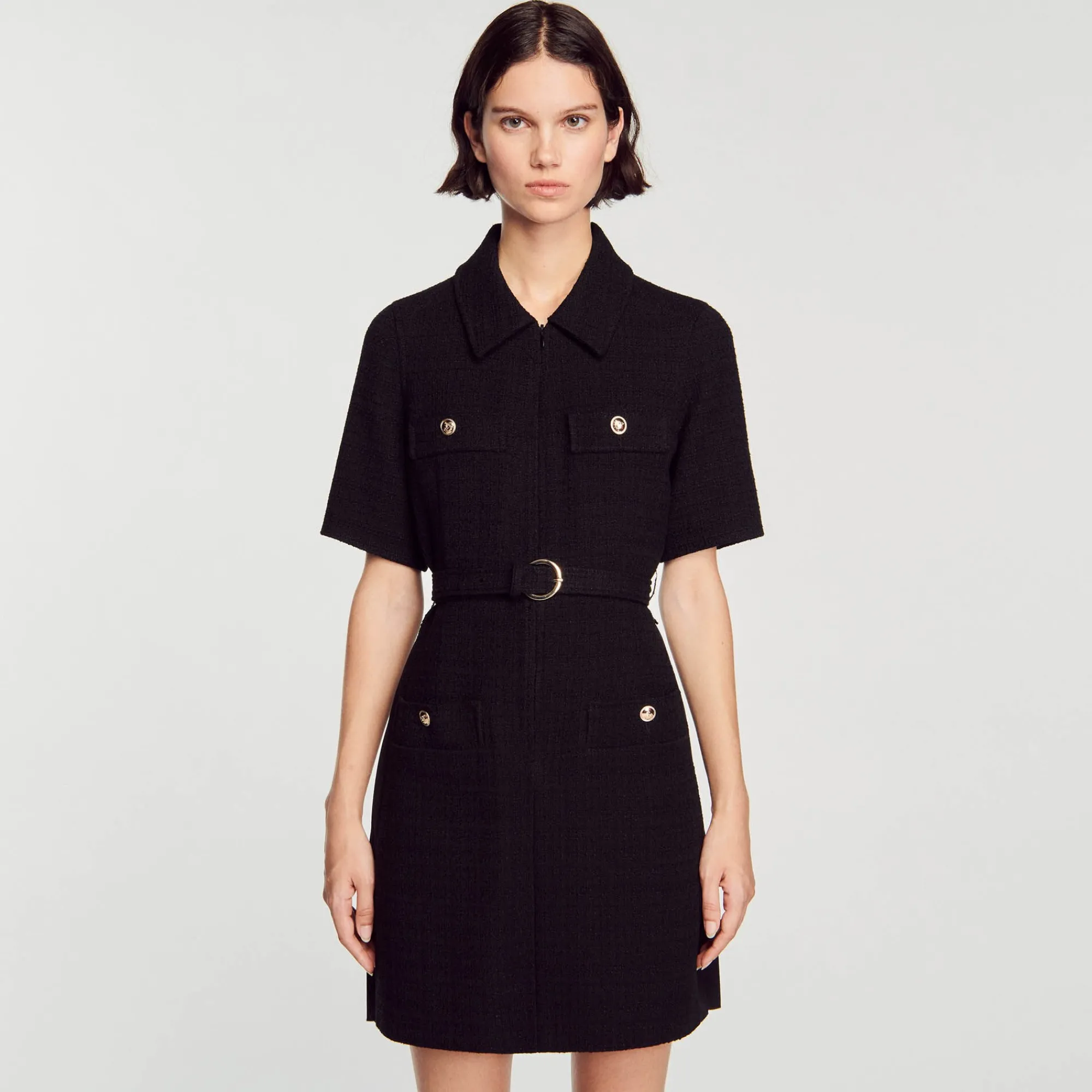 Robes*SANDRO Robe à Manches Courtes Bi Matières Noir