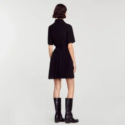 Robes*SANDRO Robe à Manches Courtes Bi Matières Noir