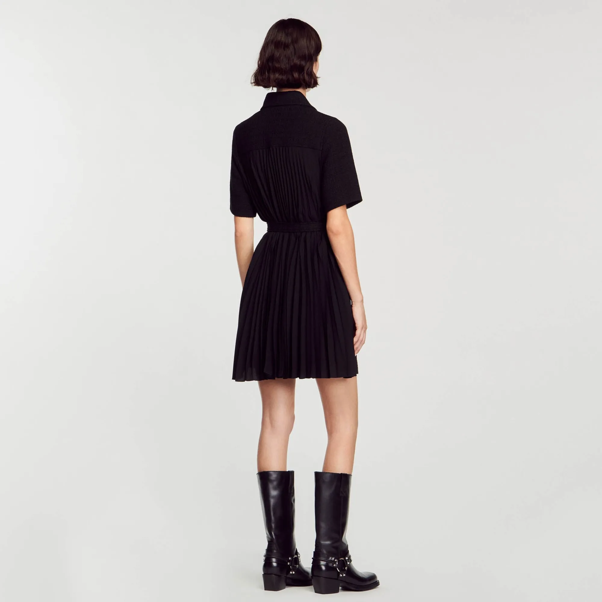 Robes*SANDRO Robe à Manches Courtes Bi Matières Noir
