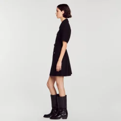 Robes*SANDRO Robe à Manches Courtes Bi Matières Noir